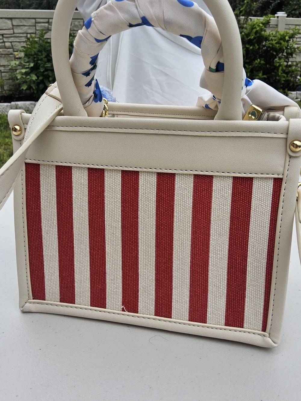 NWT Betsey Johnson Red & Cream Striped Satchel with Blue Pom Charm - Picture 5 of 6